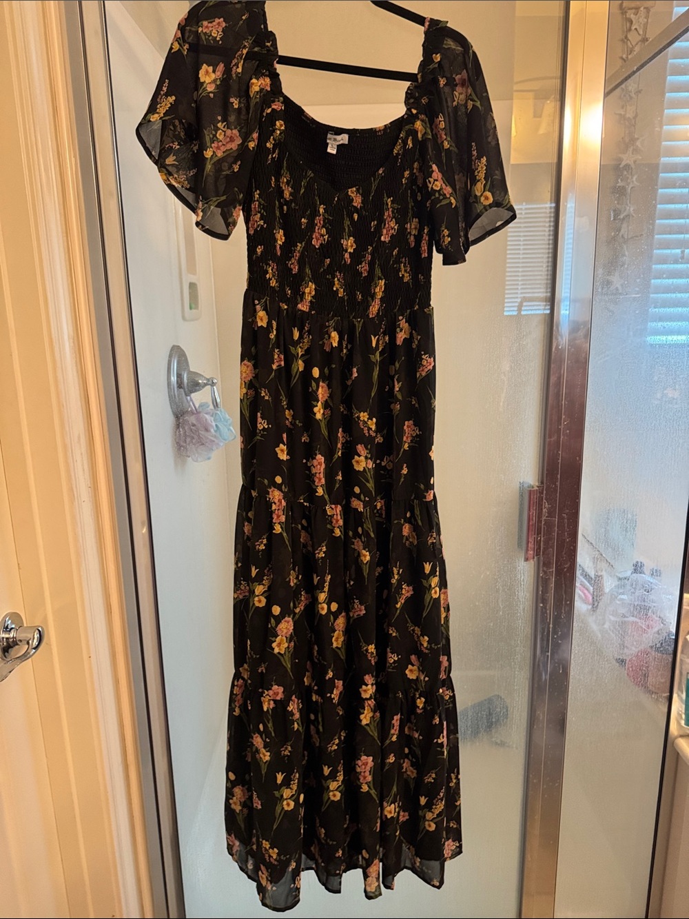 Black Floral Maxi Dress with Puff Sleeves by White Birch L